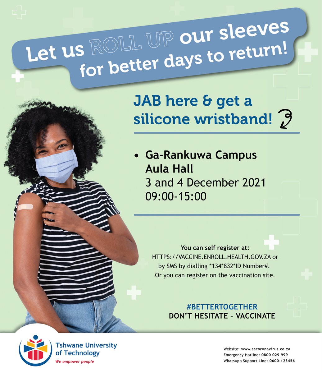 TlwtTut's tweet photo. The Directorate Health and Wellness, in partnership with Tshwane District Health Services offer staff, students and members of the community the opportunity to get vaccinated on 3 and 4 December 2021. A fully operational vaccination pop-up site will be accessible at the Ga-Rankuw https://t.co/ZDcUeEgYSY