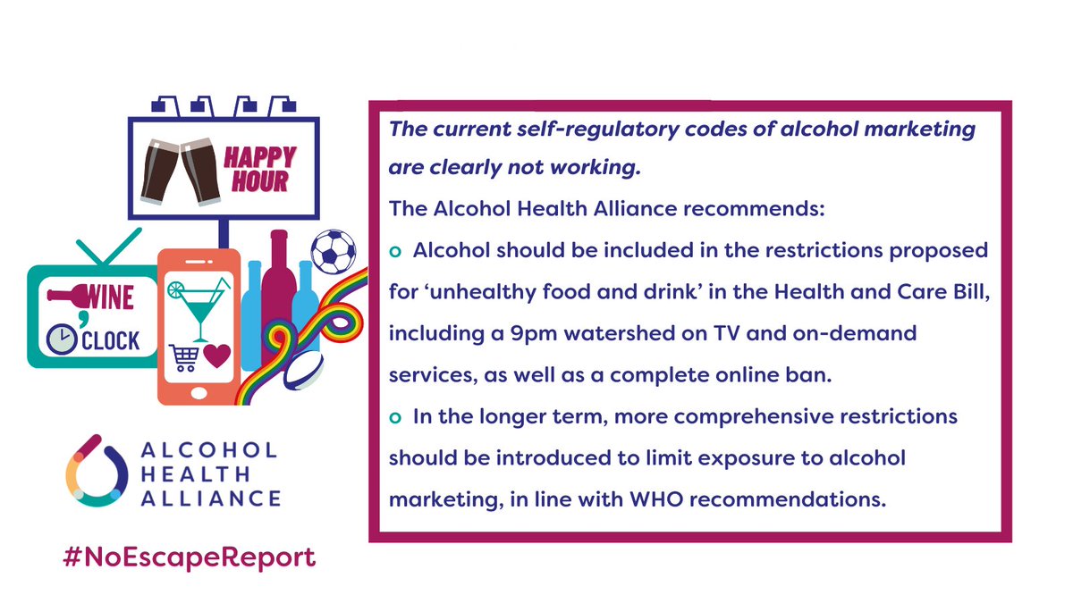 AlcoholFocus's tweet photo. We support @UK_AHA calls for alcohol to be included alongside junk food under advertising restrictions proposed in the Health and Care Bill
Read the report https://t.co/z7EgNkEc8j 
#NoEscapeReport https://t.co/5VgQJpcsy8