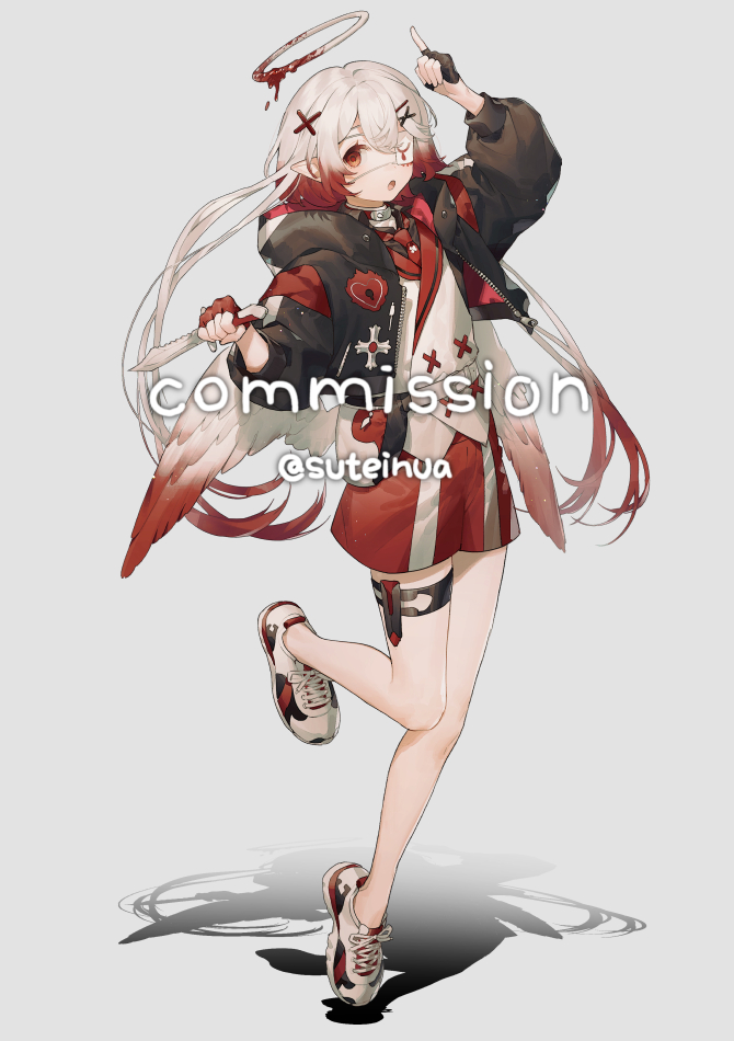 1girl solo halo jacket red shorts shoes x hair ornament  illustration images