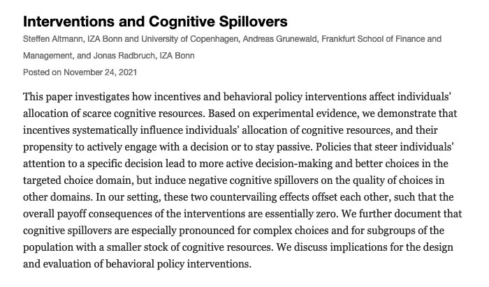 Jonas Radbruch (@jonasradbruch) on Twitter photo 👉 👉 Publication Alert 👈 👈
Do nudges lead people to do better in some domains of their lives, but worse in others?
Our Paper “Interventions and Cognitive Spillovers” w/ @SteffenAltmann and <a href="/AndreasGrunewa3/">Andreas Grunewald</a> is now available <a href="/RevEconStud/">The Review of Economic Studies (unofficial)</a>.
A short summary: 👉 👉 Publication Alert 👈 👈
Do nudges lead people to do better in some domains of their lives, but worse in others?
Our Paper “Interventions and Cognitive Spillovers” w/ @SteffenAltmann and <a href="/AndreasGrunewa3/">Andreas Grunewald</a> is now available <a href="/RevEconStud/">The Review of Economic Studies (unofficial)</a>.
A short summary: