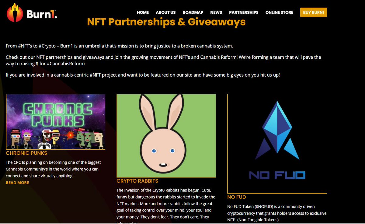 NoFUDToken's tweet photo. Excited to see $NOFUD featured on the @Burn1Coin website as an official partner along side @RabbitsCrypto &amp; @chronic_punks all supporting @weldon_angelos &amp; Mission [GREEN] https://t.co/SaEz66h7nL