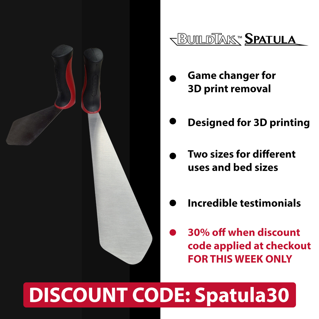 BuildTak's tweet image. BuildTak is offering it's BEST DEALS OF THE YEAR, but there are only a few days left to take advantage!

One of the sales we are offering is 30% off on the BuildTak Spatula when discount code Spatula30 is applied at checkout. 

#3DPrinting #BuildTak #BuildTakSpatula #CyberWeek