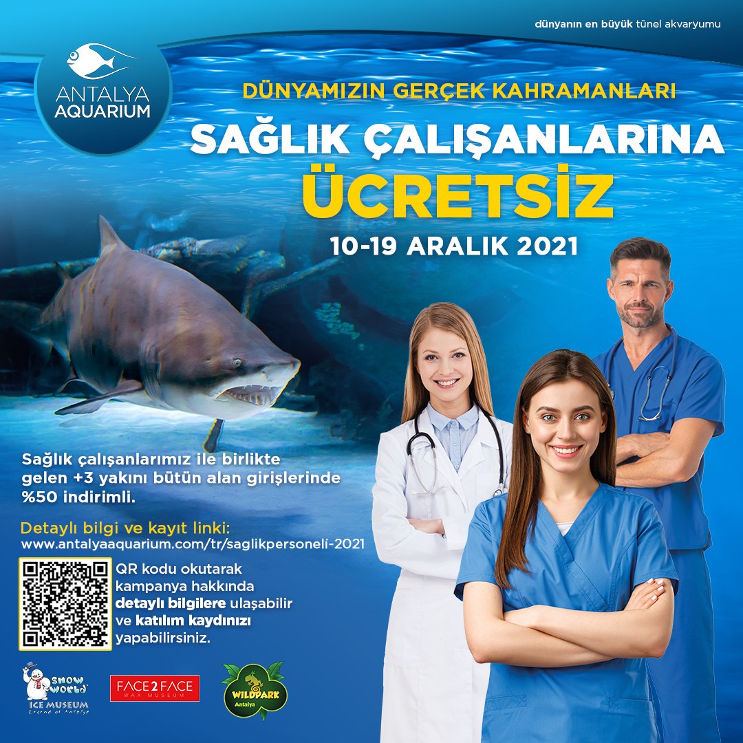 Çünkü onlar; “dünyamızın gerçek kahramanları”
10-19 Aralık 2021 tarihleri arasında Antalya Aquarium ve eğlence komplekslerinde ücretsiz olarak ağırlayacağız. Yakınlarına da çok özel indirimler uygulayacağız.
Detaylı bilgi ve kayıt için;
antalyaaquarium.com/tr/saglikperso…
<a href="/saglikbakanligi/">T.C. Sağlık Bakanlığı</a>
