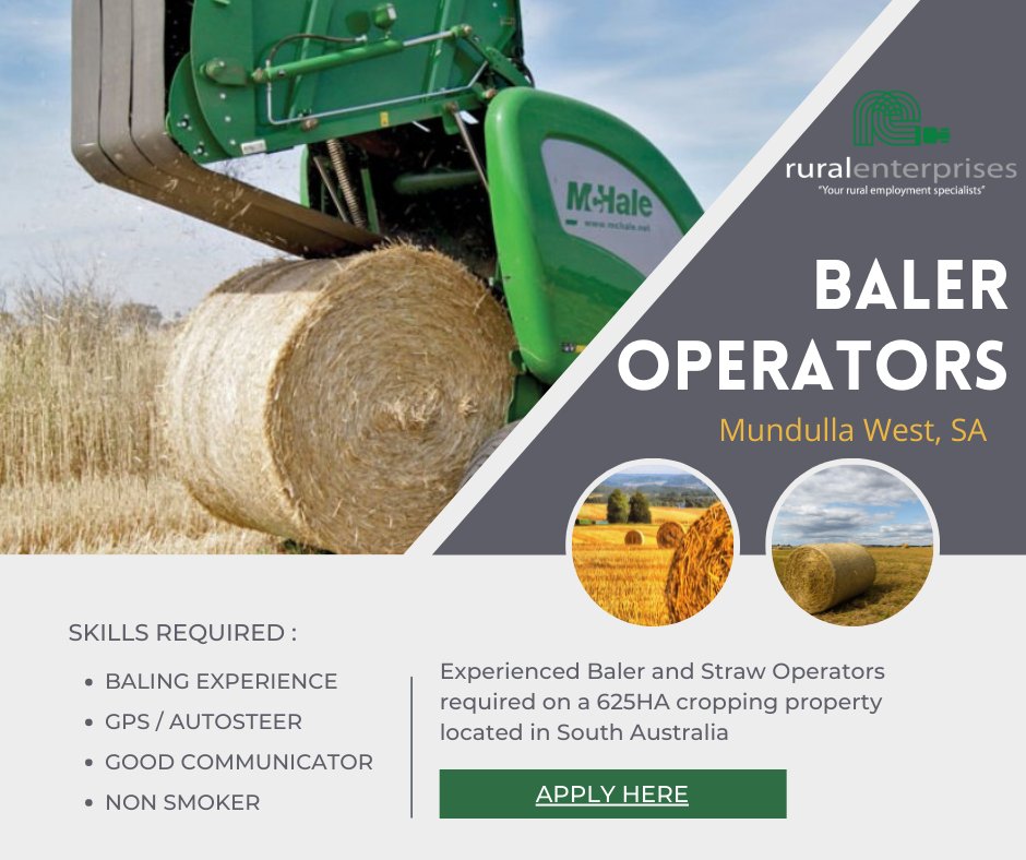 **Baler Operators , Mundulla West, SA (REF 154520)**

Click here for more details:
ruralent.recruitonline.com.au/jobs/view?id=1…

#baleroperator #farmworkaustralia #agriculture #agriculturelife #ruralenterprises #harvest21