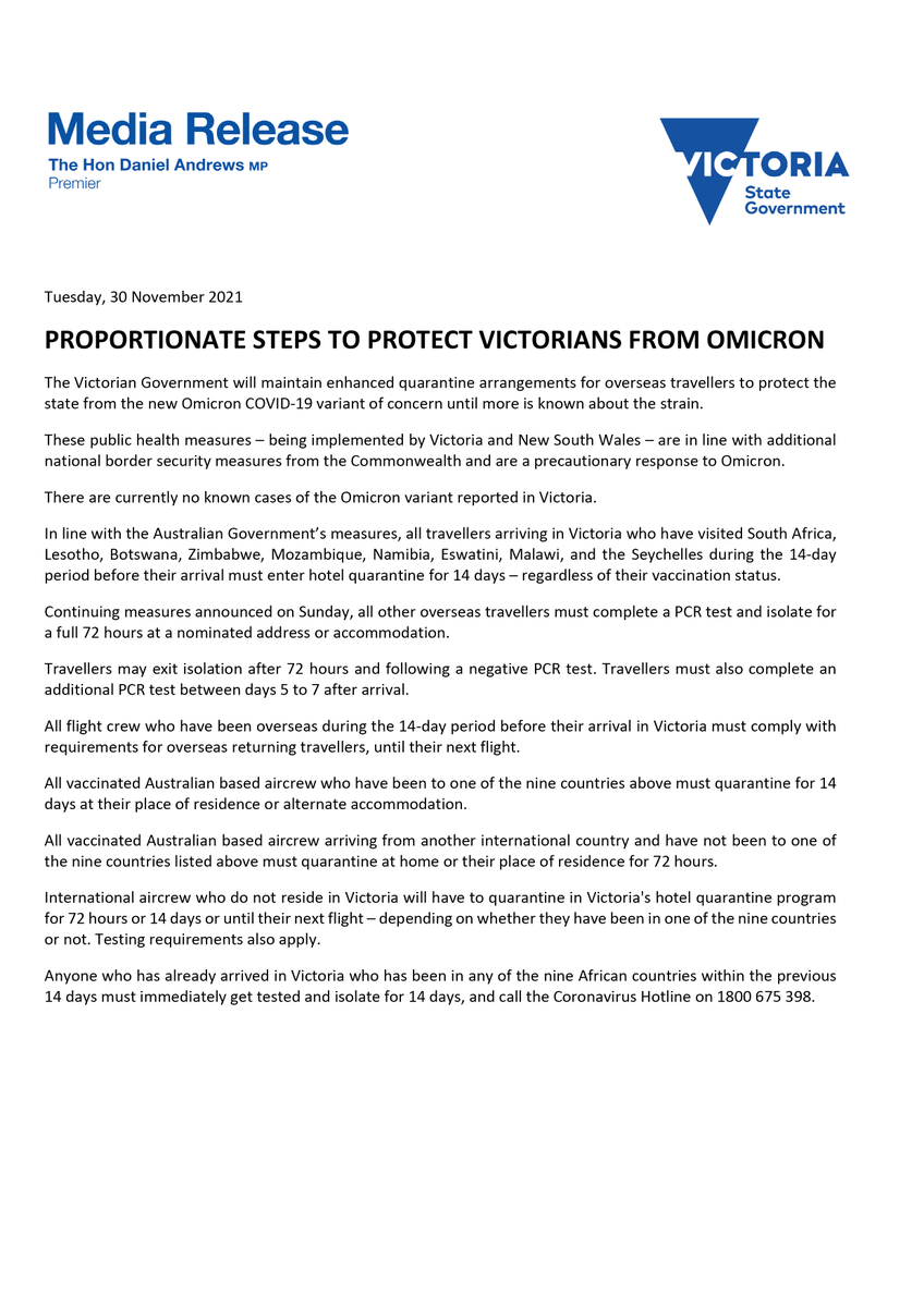 DanielAndrewsMP's tweet photo. The last few days are a reminder that this isn't over yet and our response needs to change as the virus changes. 

That's why - as a precaution - we're making changes to quarantine for some international arrivals to keep Victorians safe until we know more about Omicron. https://t.co/uWuwmPQ1cD