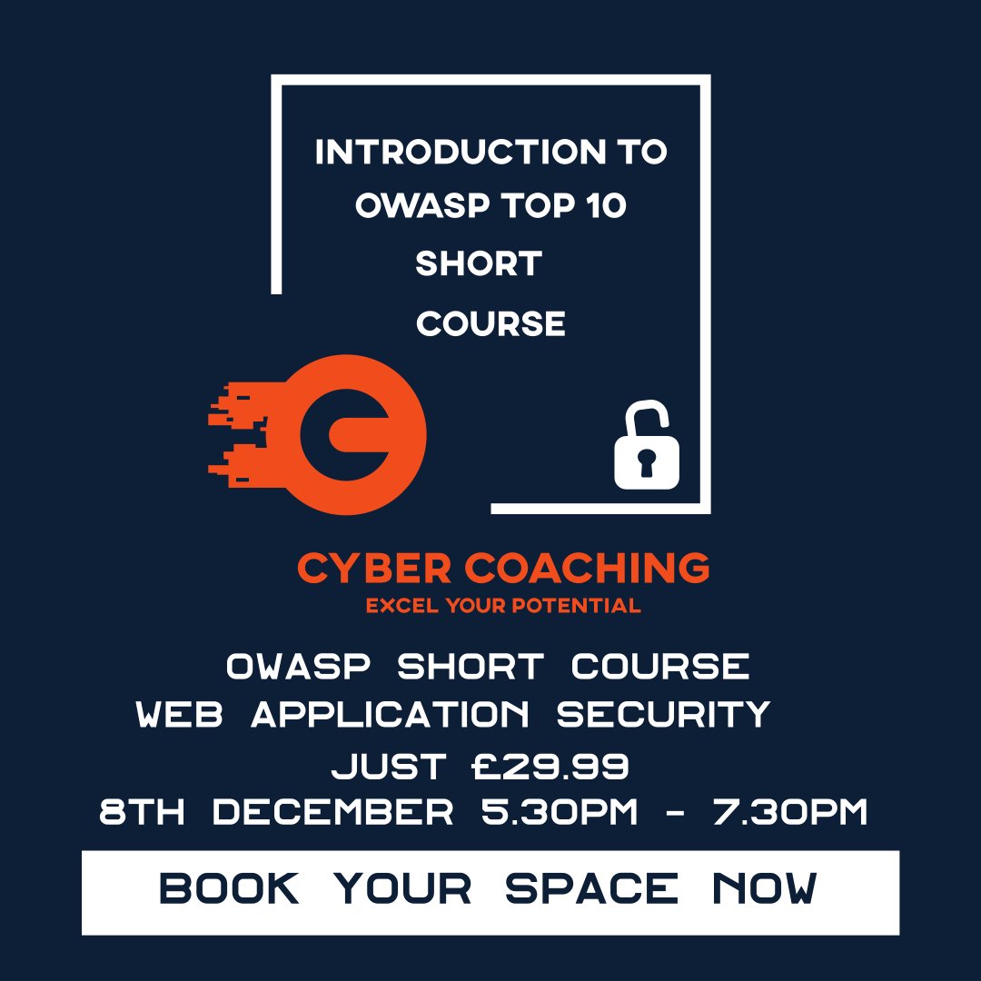 CoachingCyber's tweet photo. 🖥️OWASP Short Course 🖥️
A short course around Web Application Security &amp; OWASP top 10.  Perfect for those beginning their career in pentesting, and those that need more information around web application attacks to be able to really understand the topics.

https://t.co/0PHNkXG1t0 https://t.co/4vI3ucR8zq
