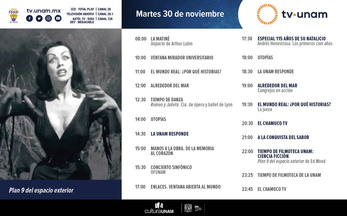Te compartimos la cartelera #TVUNAM para que pases un #felizmartes: La matiné🎬, #TiempodeDanza💃🏻, #LaUNAMresponde🦠, concierto <a href="/OFUNAM/">OFUNAM</a>🎹, «La jueza»🧑🏽‍⚖️, #ChamucoTV👹, #ALaConquistaDelSabor👨🏽‍🍳 y #CicloCienciaFicción.🛸