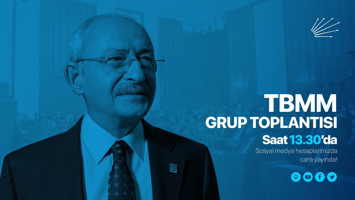 CHP Genel Başkanı Sayın Kemal Kılıçdaroğlu'nun TBMM Grup Toplantısı’nda yapacağı konuşmayı saat 13.30’dan itibaren sosyal medya hesaplarından canlı olarak izleyebilirsiniz.
#GeliyorGelmekteOlan 
#KılıcdaroğluNeSöyledi
