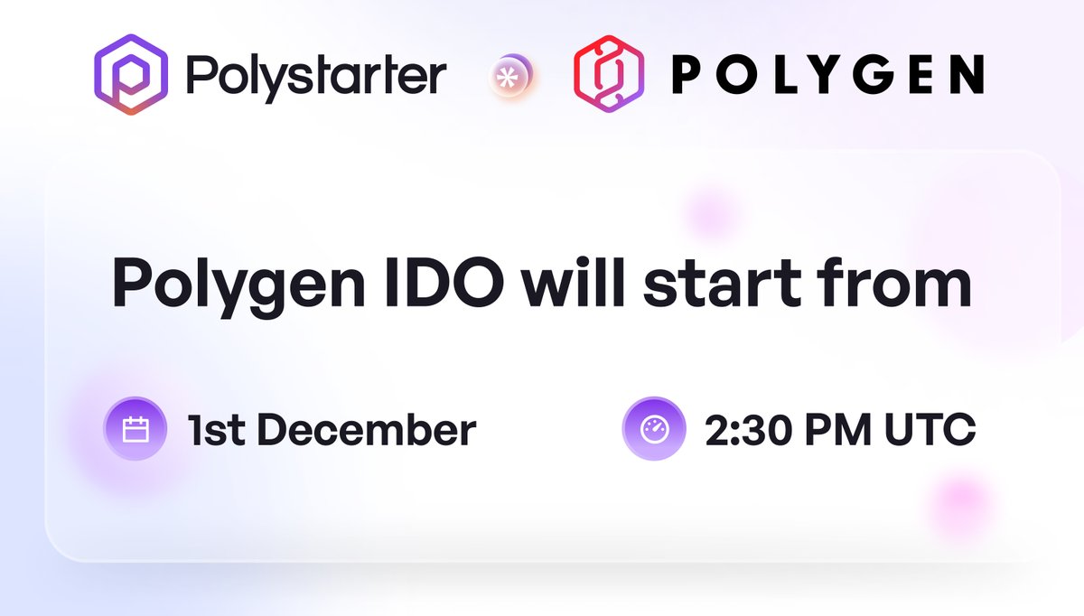 Inviting all our community members to grab the opportunity to participate in the @Polygen_io IDO on Polystarter! Starting: Dec. 1 at 2:30 PM UTC Stay tuned for more!