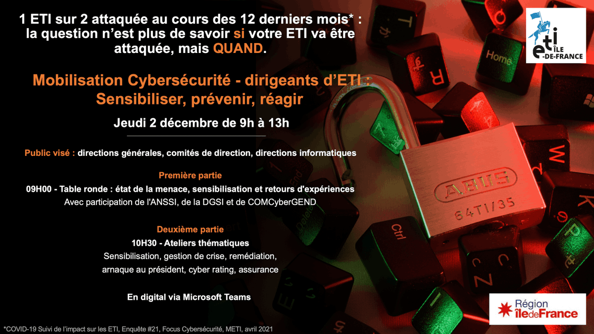 iledefrance's tweet photo. 🗣️ Vous êtes collaborateurs d'ETI concernés par la stratégie de protection cyber ?

🗓️ Participez à notre évènement en vous inscrivant ici : https://t.co/zM1hUugj3I

🎯 #Apporter des réponses très concrètes pour vous prémunir face aux attaques https://t.co/xAX53uJYGa
