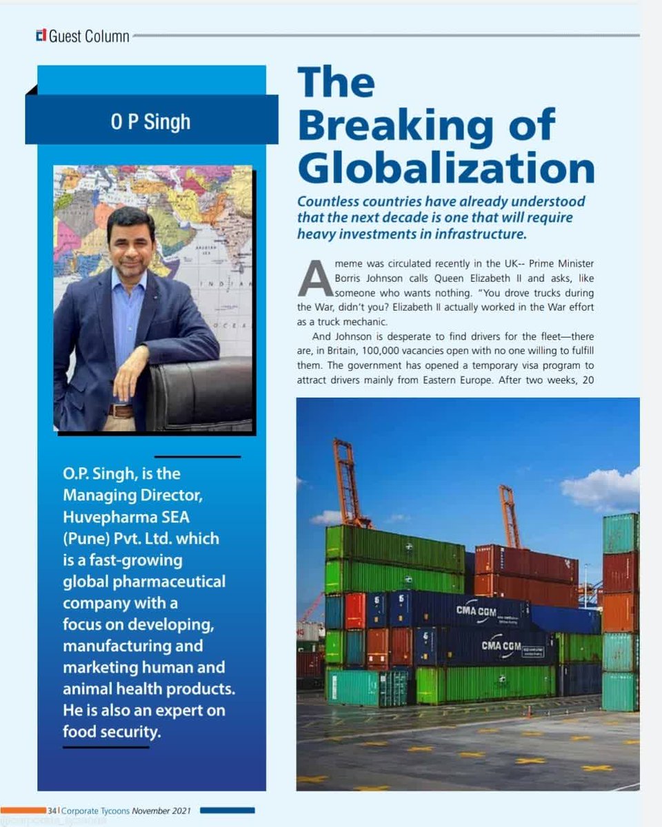 magcorptycoons's tweet photo. The Breaking of #Globalization Countless countries have already understood that the next decade is one that will require heavy investments in infrastructure. 
#GuestColumn by O.P. Singh, MD, Huvepharma SEA (Pune) Pvt. Ltd. The writer is also an expert on food security #CTNov2021 https://t.co/v5OA4ZaL97