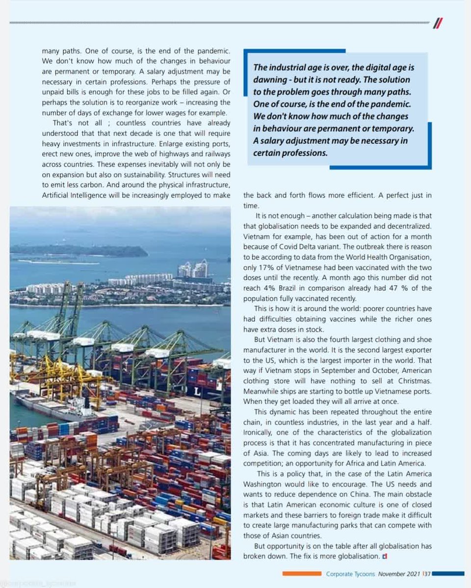magcorptycoons's tweet photo. The Breaking of #Globalization Countless countries have already understood that the next decade is one that will require heavy investments in infrastructure. 
#GuestColumn by O.P. Singh, MD, Huvepharma SEA (Pune) Pvt. Ltd. The writer is also an expert on food security #CTNov2021 https://t.co/v5OA4ZaL97