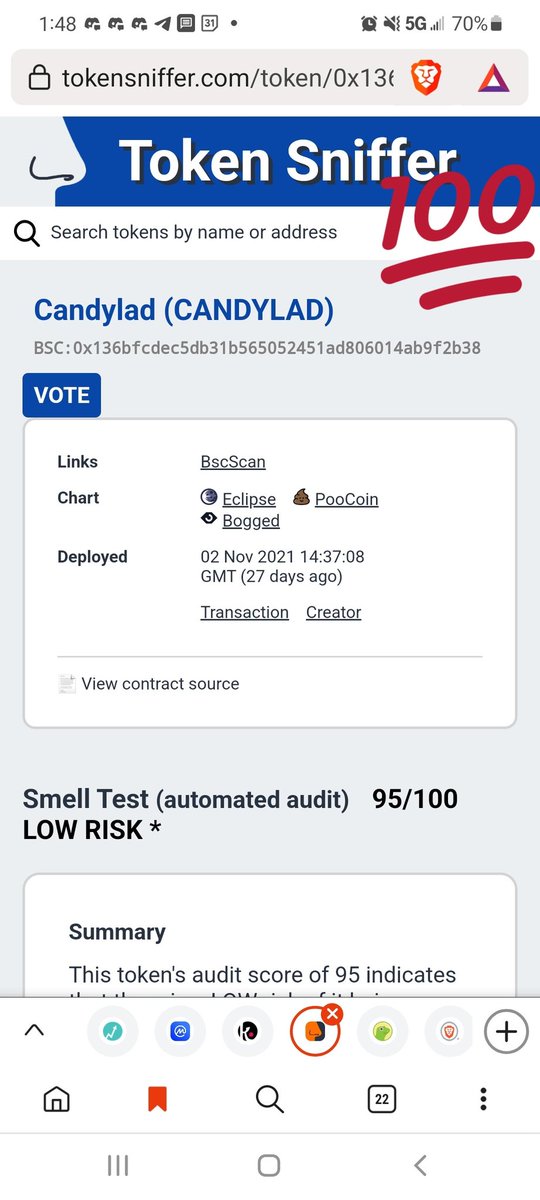 aMediaLover's tweet photo. @CandyladBsc This scan of Candylad by Token Sniffer outperform some of the top brands you are familiar with. Out of 20 searches of coins I was considering to buy, candylad had the highest safe score.

Way to go!!! https://t.co/AyZuPU1z8D