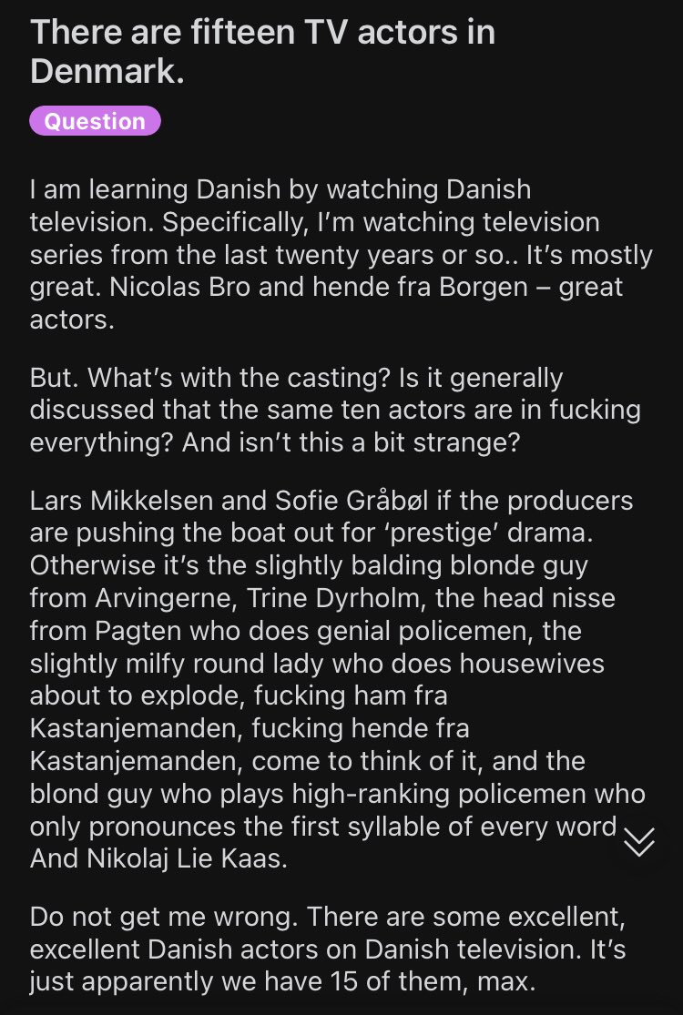 En udlænding på /r/denmark ser dansk fjernsyn og kan ikke forstå, hvorfor vi kun har 15 skuespillere. Morsomt og fuldstændig sandt