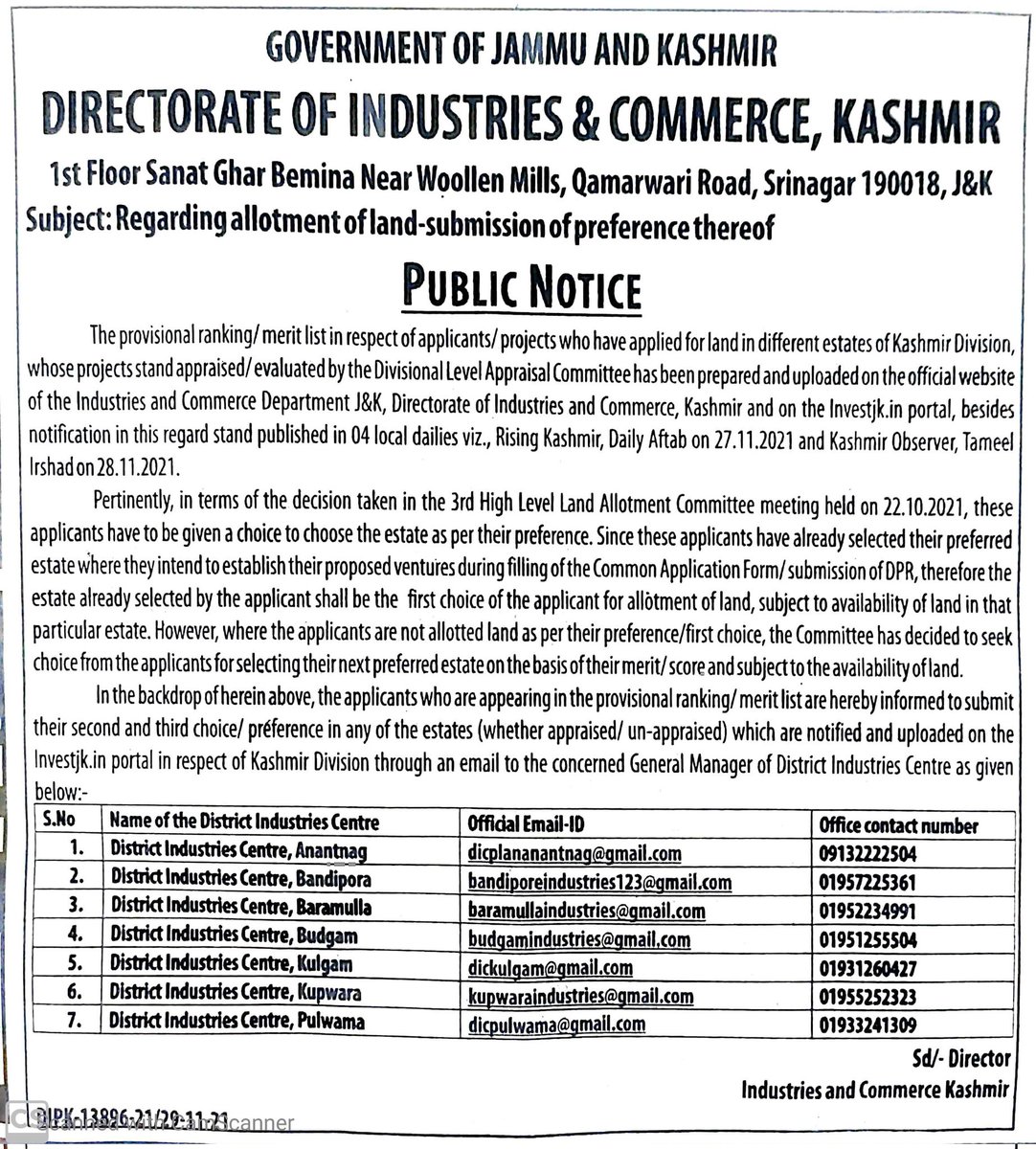 KashmirIndus's tweet photo. Public Notice regarding submission of preference for land allotment. https://t.co/3cw92pbZLL