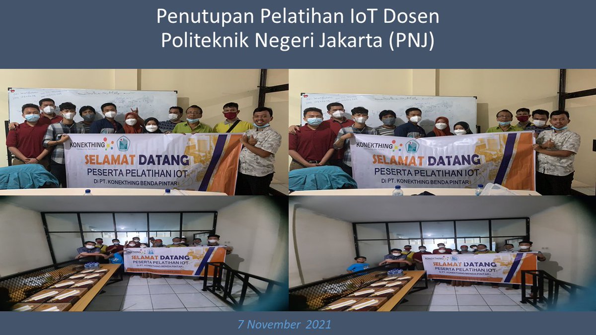 KonekthingID's tweet photo. Alhamdulillah pada tanggal 7 Nov 21 kami sudah selesai melaksanakan pelatihan iot dosen pnj dengan lancar dan penuh semangat.
Terima kasih kepada semua bapak/ibu dosen pnj yg ikut berpartisipasi serta panitia yg terlibat. Semoga ilmu yg kita bagikan menjadikan manfaat buat semua https://t.co/aIsc3aRVh4