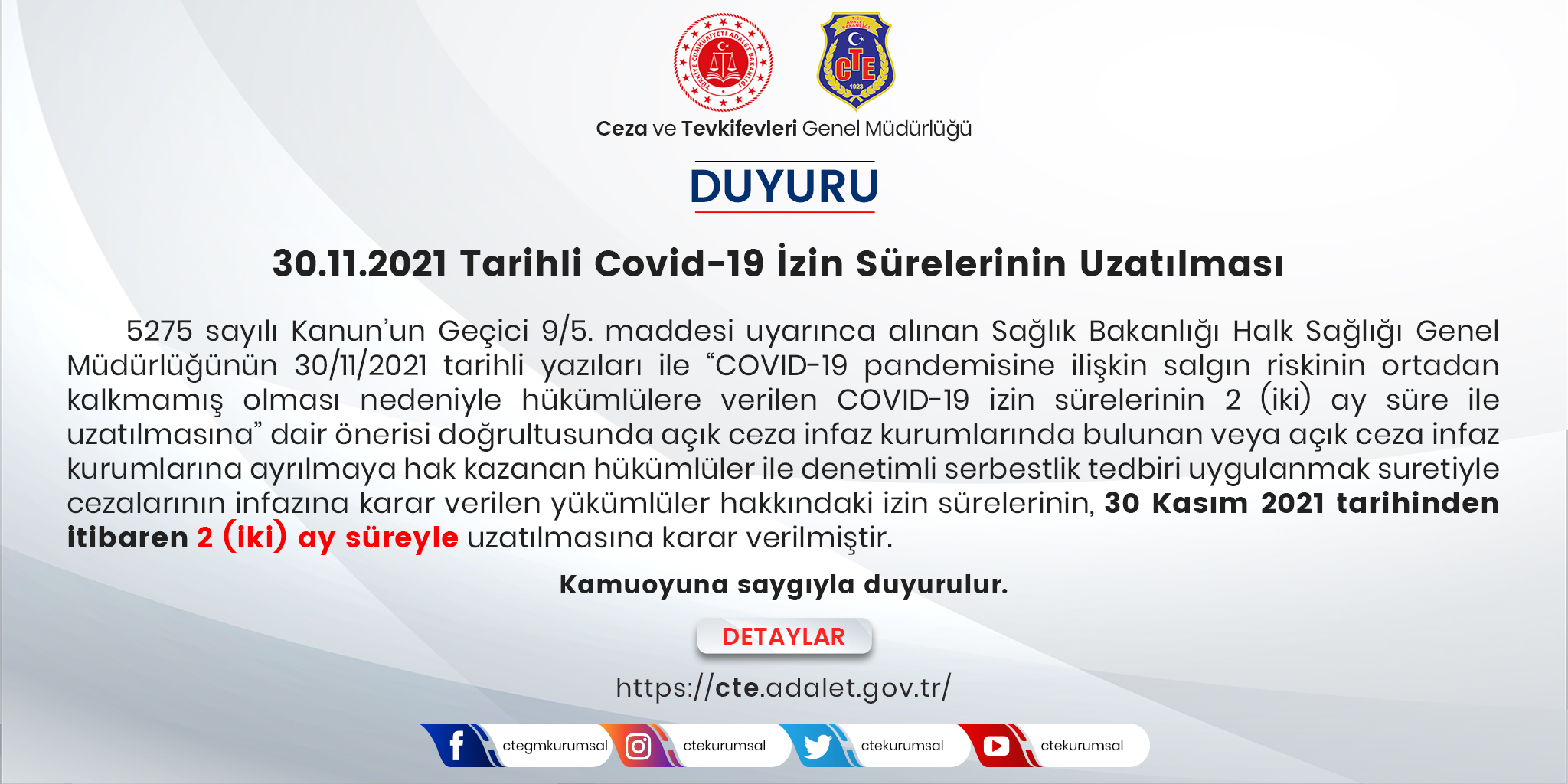 ceza ve tevkifevleri genel mudurlugu on twitter 30 11 2021 tarihli covid 19 izin surelerinin uzatilmasi https t co lqludui3v1 https t co mkp6nah1xq twitter