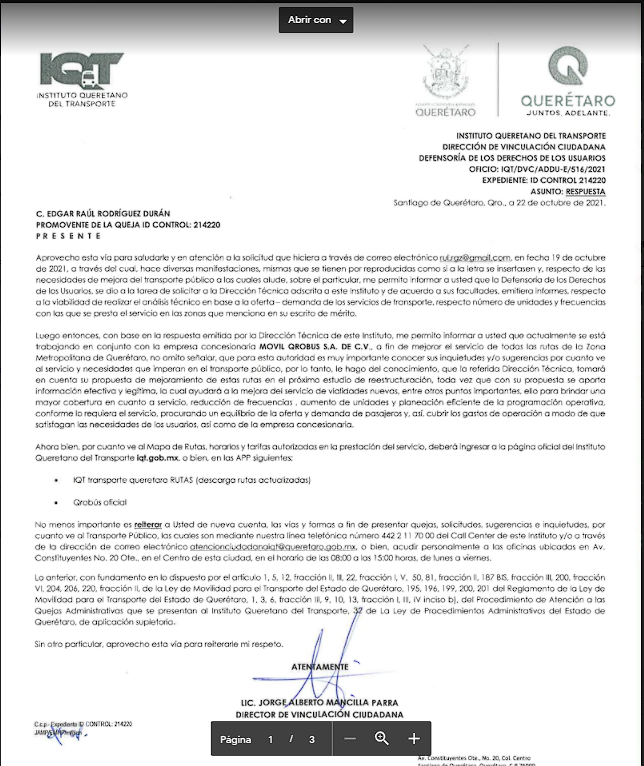 ErRgzD's tweet photo. @SoyLeoLuna @QrobusO @iqt_redes @gobqro @makugo @ecsada @AlmaG_ez @ArqLorea @PedroBufalo @tere_alcantarav @isabelposadas_ https://t.co/hmqMLbCFJj

Me uno , ya tengo quejas al respecto con @iqt_redes @QrobusO mi propuesta es simple en Los Héroes Qro sólo pasa la EJE 1 si pudieran modificar la ruta 69B para que la iniciar o salir de Real Solare pase a mi Localidad nos beneficiamos todos... https://t.co/XJBKQlr078