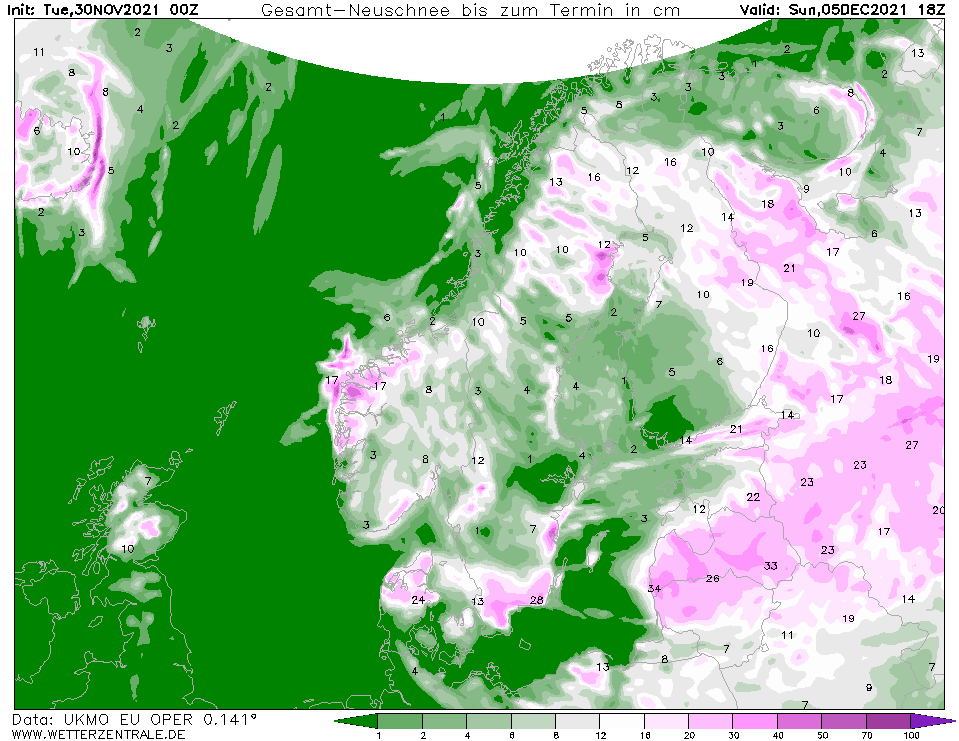 meteozinas's tweet photo. Līdz nedēļas beigām Latvijas lielākajā daļā varētu uzsnigt vēl 15-25 cm sniega. Kartē UKMO prognoze par jauno sniegu (ap 30 cm) un kopējo sniega segu (līdz 60 cm). Reālais pieaugums būs mazāks, jo no apakšas sniegs kusīs, vecais sablīvēsies un droši vien nesnigs tik daudz kā rāda https://t.co/jVNVMuYoZt
