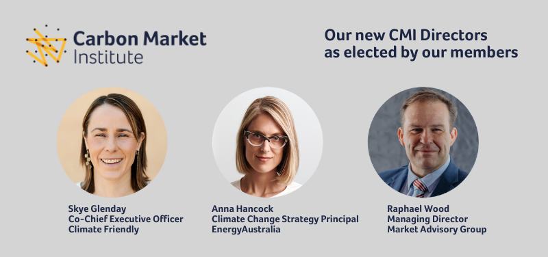 CarbonMarketIns's tweet photo. We are pleased to announce 3 new CMI Directors have joined our Board

Elected by our members, they are:

Skye Glenday CEO @ClimateFriendly 
Raphael Wood Managing Director @MarketAdvisoryG 
Anna Hancock #ClimateChange Strategy Principal @EnergyAustralia  

https://t.co/LSLBiBqsWl https://t.co/tfpi9a08Ew