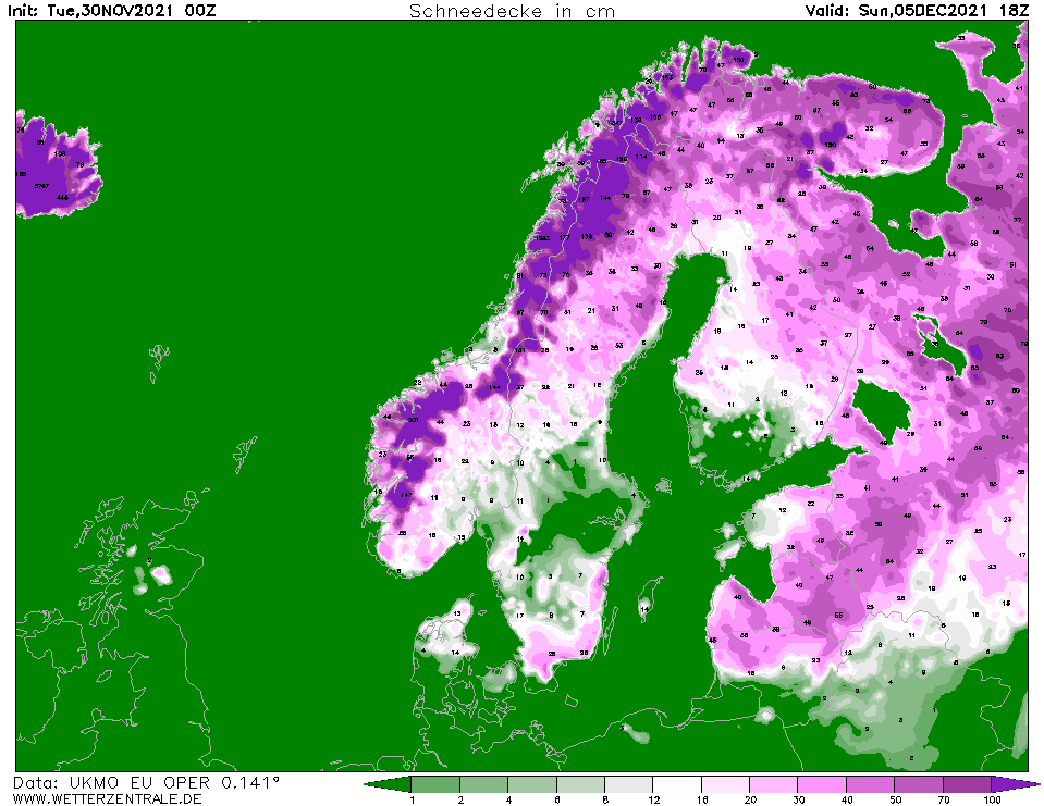 meteozinas's tweet photo. Līdz nedēļas beigām Latvijas lielākajā daļā varētu uzsnigt vēl 15-25 cm sniega. Kartē UKMO prognoze par jauno sniegu (ap 30 cm) un kopējo sniega segu (līdz 60 cm). Reālais pieaugums būs mazāks, jo no apakšas sniegs kusīs, vecais sablīvēsies un droši vien nesnigs tik daudz kā rāda https://t.co/jVNVMuYoZt