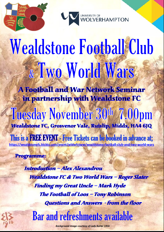 Today is the day for the next <a href="/footballandwar/">Football and War</a> Network Seminar at <a href="/WealdstoneFC/">Wealdstone FC</a>. Looking forward to listening to the talks by <a href="/one_eye_looking/">Roge S 👁</a>, <a href="/MarkHyde13/">Mark Hyde</a> and <a href="/robinsontonyLIR/">Tony Robinson</a> 
This is a free event
