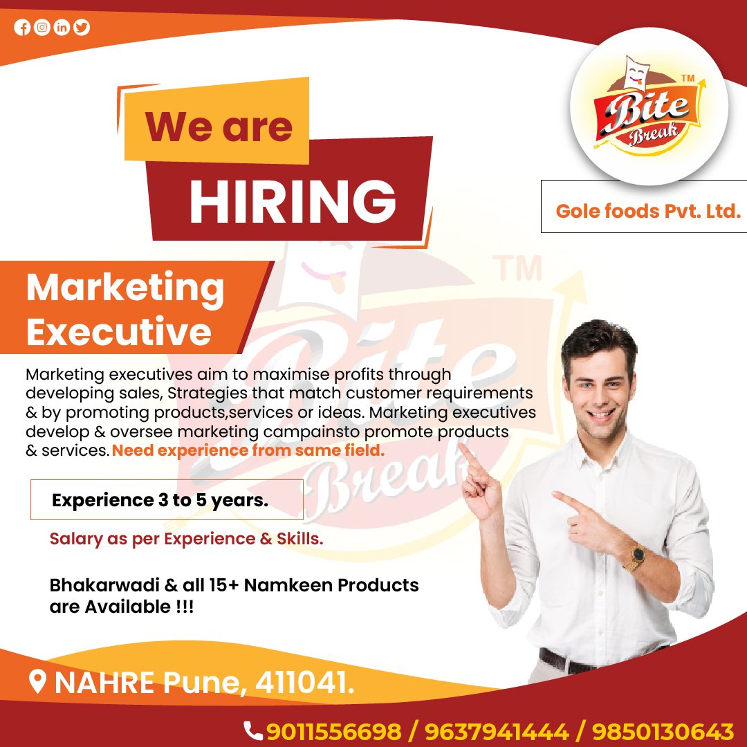BiteBreak's tweet image. If you Grab an Opportunity, it will make you a Successful Person.
WE ARE HIRING!
We are looking for a post of Marketing Executive. 

For more information contact us!
9011556698

#bitebreak #hiring #marketing #marketingexecutive #opportunities #namkeenproducts #bestqualityproducts