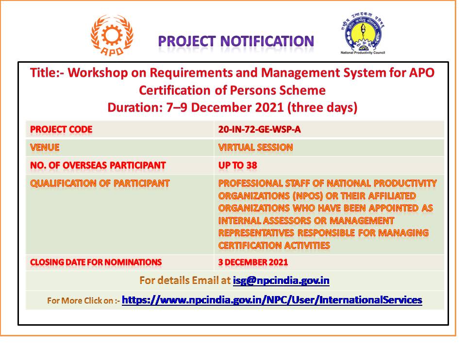 APO Japan: Workshop on Requirements and Management System for APO Certification of Persons Scheme, 7-9 DEcember, 2021 (three  days)