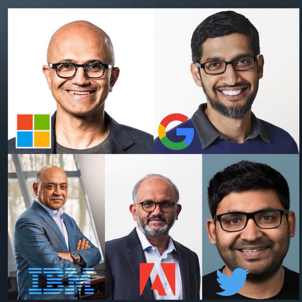 PunitSharma72's tweet photo. भारत देश के लिए गर्व की बात 🇮🇳🇮🇳
CEO
ट्विटर - पराग अग्रवाल
गूगल - सुंदर पिचाई
माइक्रोसॉफ्ट- सत्या नडे��ा
IBM- अरविंद कृष्णा
एडोब-शान्तनु नारायन
#CEOs #indianceo #TwitterCEO #पराग_अग्रवाल #IndiansMakingProud https://t.co/T7CmFVXs9B