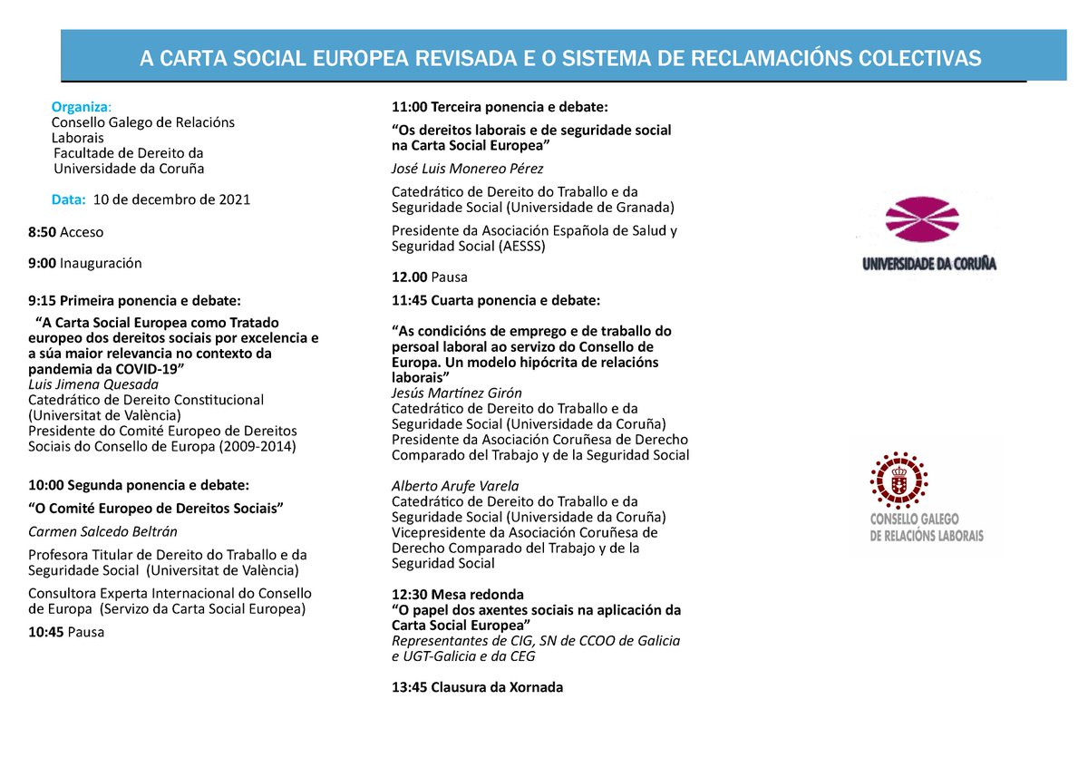 Próximo 10/12/2021 #HumanRightsDay Jornada "La #CartaSocialEuropea y sistema #reclamacionescolectivas". Junto #LuisJimena #JLMonereo #AlbertoArufe #JesusMartinezGiron y #sindicatos Gracias <a href="/UDC_gal/">Universidade da Coruña</a>  <a href="/cgrrll/">cgrl</a>  Inscripciones en bit.ly/3FFoWoS #Online