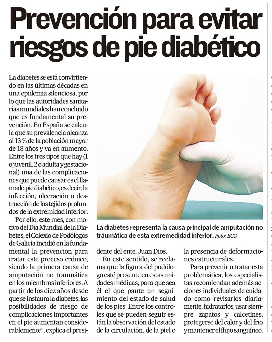 ColexioPodologo's tweet photo. 🦶 Prevención para evitar riesgos de pie diabético. Así se titula una información sobre el #piediabético publicada hoy en un especial de medicina de @elcorreogallego https://t.co/qWHVqm9rtD