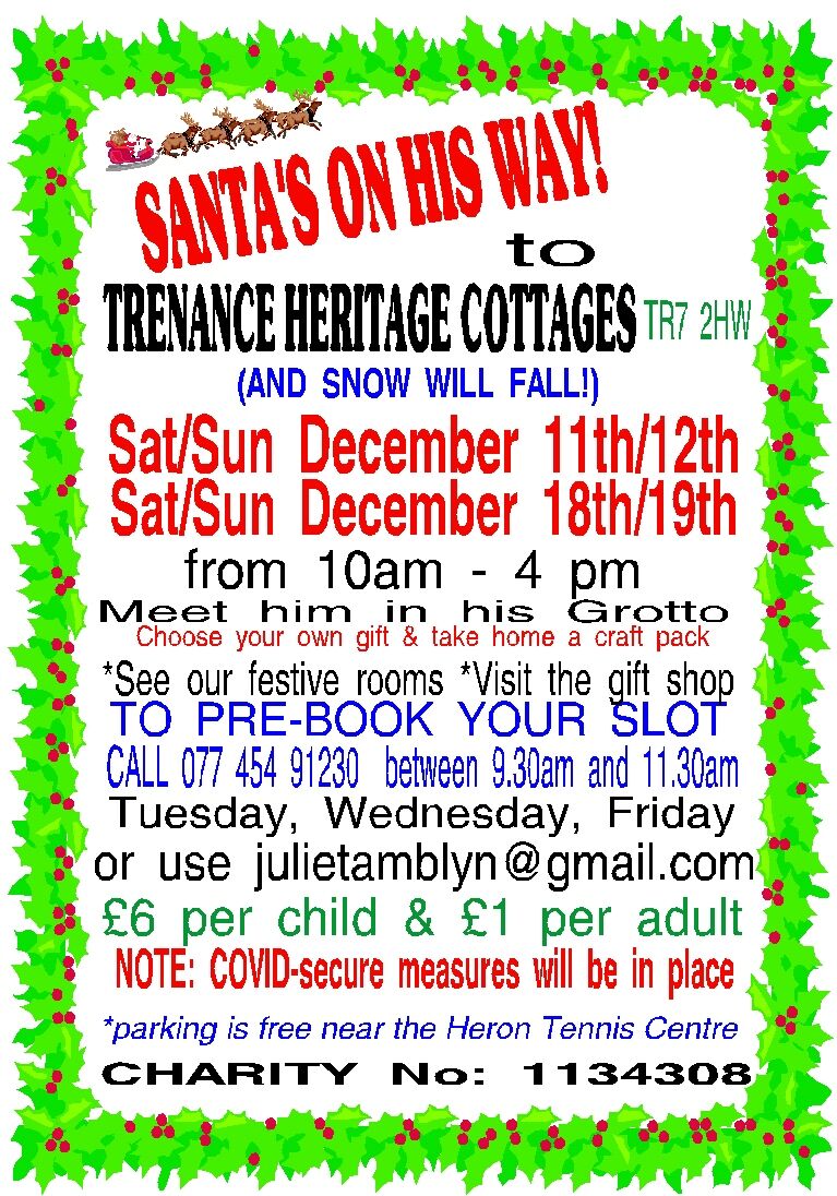Newquay's favourite Grotto returns on Sat 11th and Sun 12th December plus 18th/19th, between 10am and 4pm. <a href="/TrenanceN/">Trenance Cottages Newquay</a> welcomes families to enjoy the decorated rooms and Nativity scene, plus children will meet Santa in person, before choosing a gift in his toy shop.