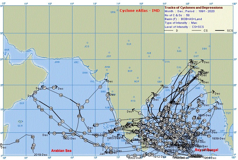 usd0705's tweet photo. #CyclonicStorms & #Depression tracks between 1891 and 2020 in the month of #December over north Indian Ocean https://t.co/7EeWFMY33E