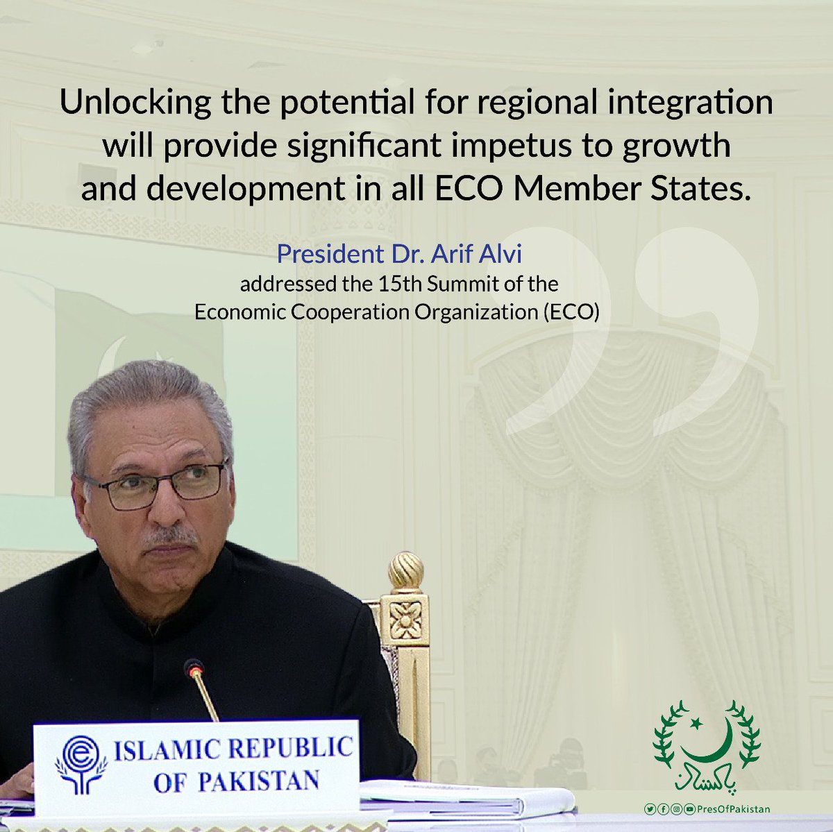 PresOfPakistan's tweet photo. "Unlocking the potential for regional integration will provide significant impetus to growth and development in all ECO Member States."
- President Dr. Arif Alvi, addressed the 15th Summit of ECO
Full Speech Link 👇
https://t.co/K9wplJGGFs
#ECOSummit #PakInECO #Turkmenistan https://t.co/ejPr9suwdI