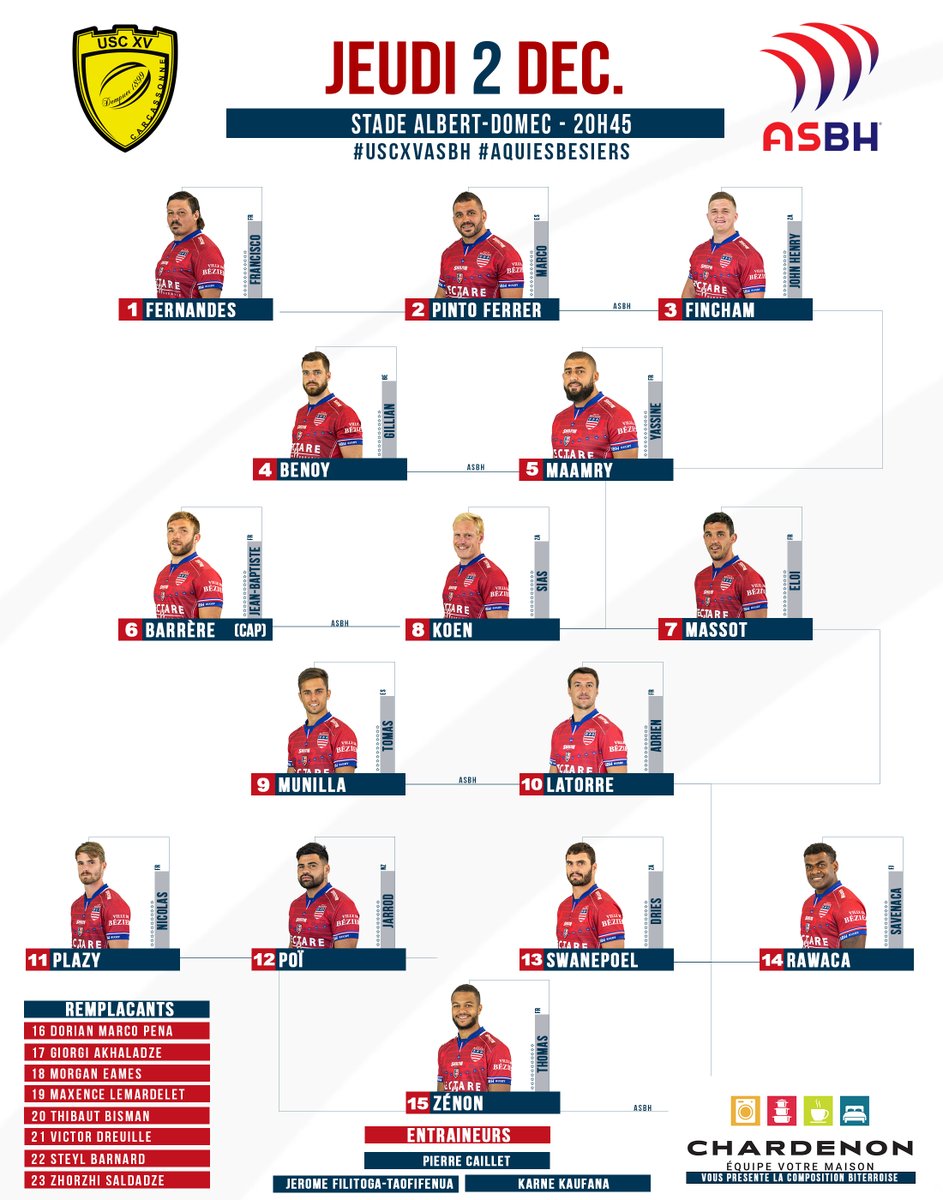 🔜 #ChardenonBéziers vous fait découvrir les 2️⃣3️⃣ 🔴🔵 qui se déplacent au 🏟 stade Albert-Domec, dans le cadre de la J13 de <a href="/rugbyprod2/">Rugby PRO D2</a> 🏉

1️⃣5️⃣ JIFF &amp; 4️⃣ joueurs du #CDF se trouvent sur la feuille de match.

#USCXVASBH #AquiEsBesiers