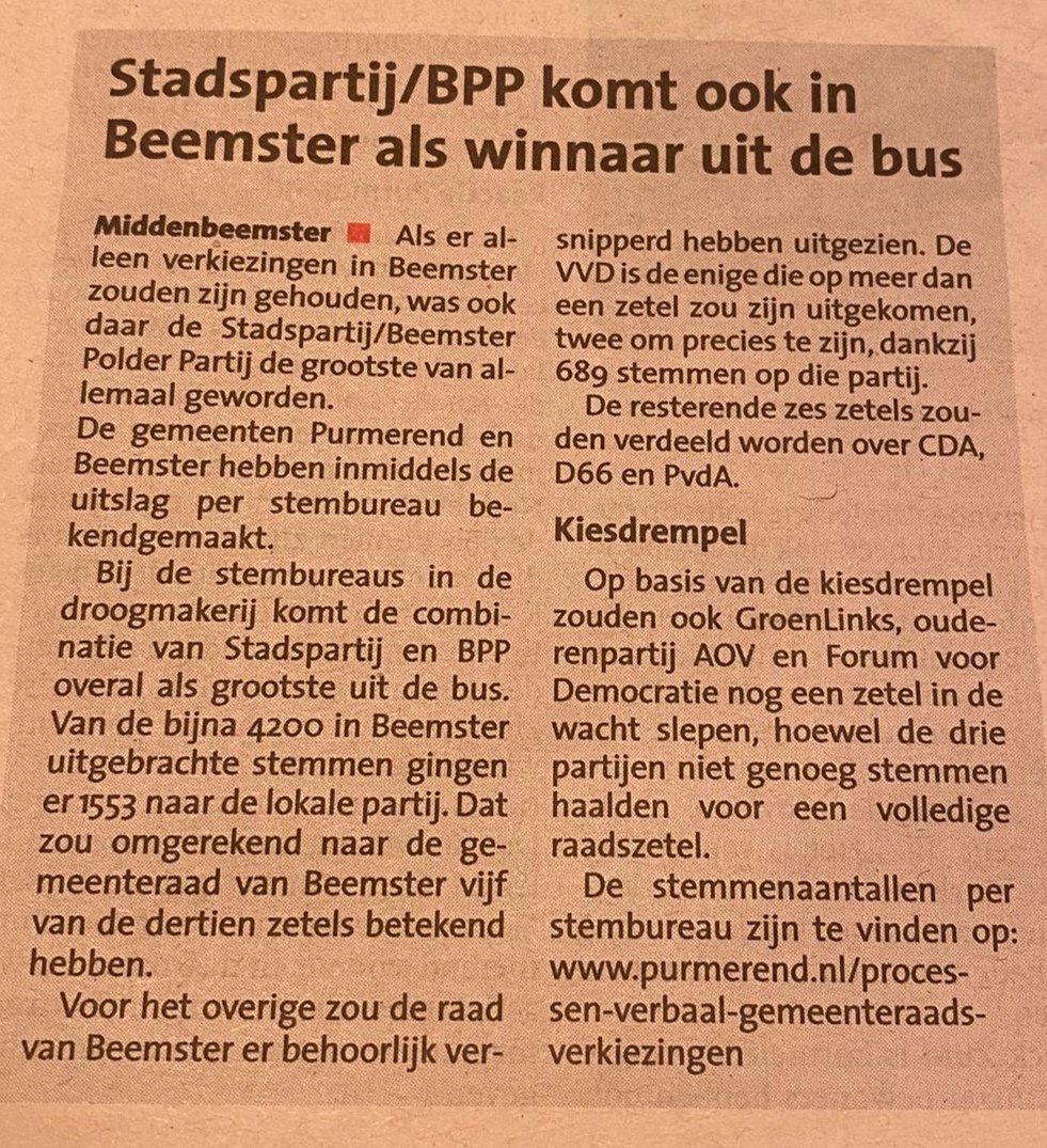 Dank aan alle Beemsterlingen die op ons stemde! <a href="/Stadspartij/">StadspartijPurmerend</a> <a href="/BPPlijst1/">BPP</a> #purmerend #beemster #gr21 we gaan aan de slag!