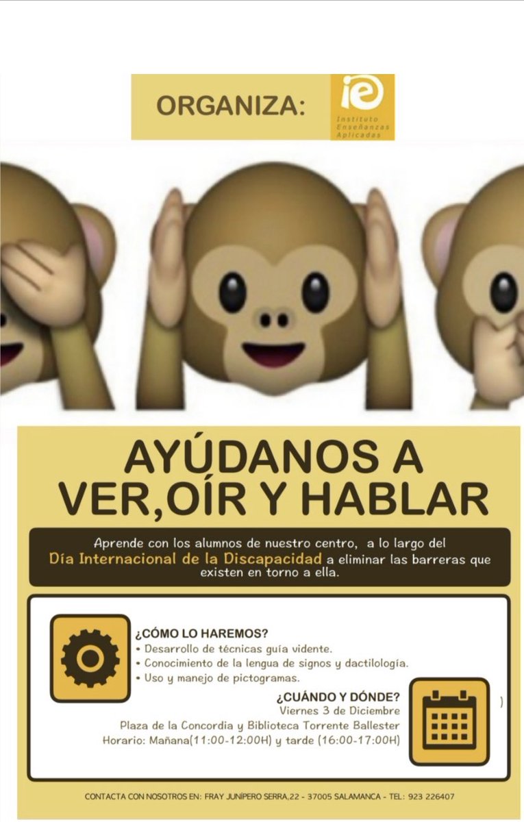 *3 DICIEMBRE*, talleres de Técnica Guía, Lengua de Signos y Manejo de Pictogramas para conmemorar el Día Internacional de la Discapacidad. Os esperamos en la Plaza de la Concordia y en la Biblioteca Torrente Ballester, de 11:00 a 12:00 y de 16:00 a 17:00. PARTICIPA TÚ TAMBIÉN "