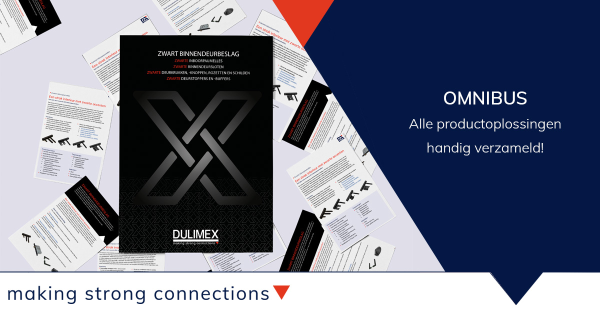 Met plezier presenteren we de Dulimex Omnibus!
We verzamelen gerelateerde productoplossingen zodat je alles rondom één thema snel en eenvoudig bij elkaar hebt.

Zwart beslag op je binnendeur? Bekijk hier onze allereerste omnibus: bit.ly/3EaGTLq