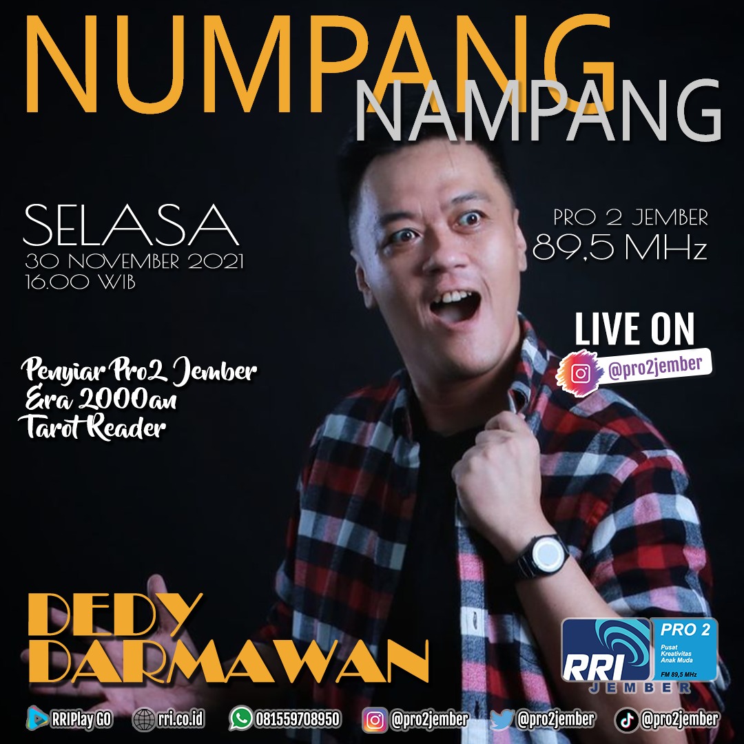 numpang nampang kali ini bakal kedatengan penyiar <a href="/Pro2Jember/">RRI Pro 2 Jember</a> era 2000-an dan juga taror reader, siapa lagi kalu bukan Kak Dedy Darmawan😁

yuk dengerin 89,5 mhz atau kamu juga bisa ikutan say hello &amp; tanya-tanya di kolom komentar live instagram kita nanti jam 4 sore 🥰