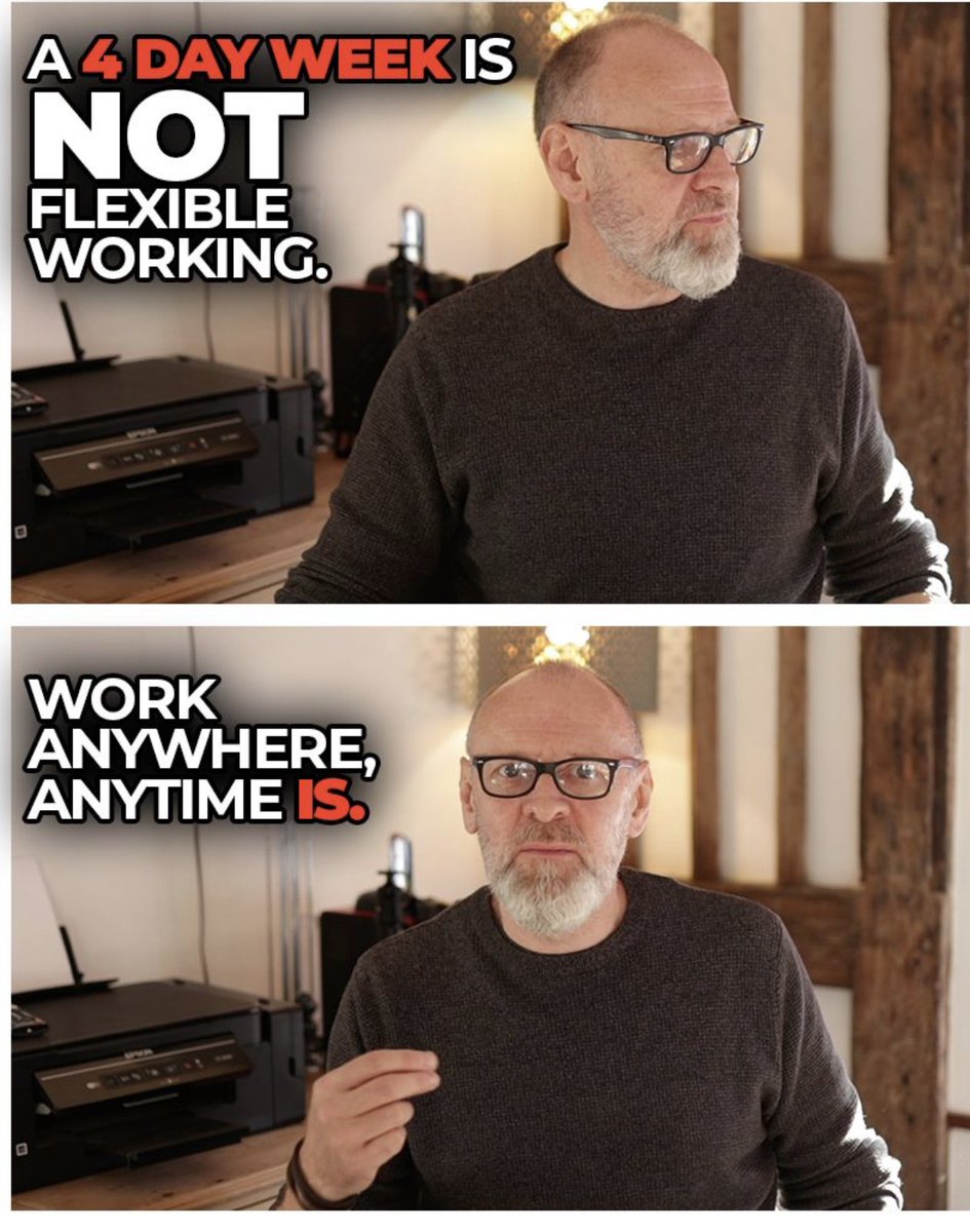 darioamade's tweet photo. A 4 day week is NOT flexible working.

It's just another way of dictating the hours people work.  
And those hours don't work for everyone.

True flexibility is when you can work anywhere at any time. #DEVCommunity #lifestyle #life #webdevelopment #DataScience #FlexibleWorking https://t.co/FHc86QDLCo