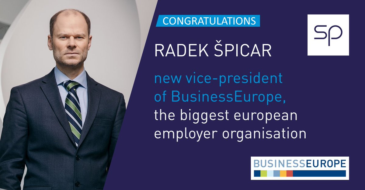 SvazPrumyslu's tweet photo. Gratulujeme @R_Spicar_SP_CR ke zvolení do vedení největšího evropského zaměstnavatelského svazu. Od ledna 2022 bude viceprezidentem @BusinessEurope. https://t.co/n9D1uC7EI4 https://t.co/UxlYEgqN2n