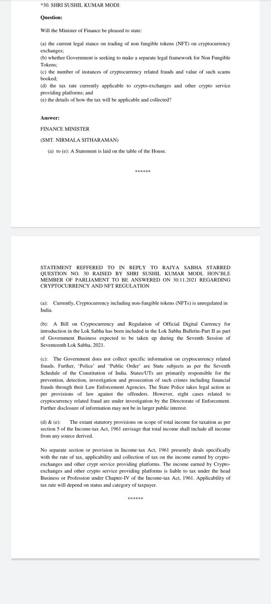 CryptoVakil's tweet photo. Smt. @nsitharaman ji responds to a starred question by Rajya Sabha member Shri. @SushilModi 

#cryptocurrency #Bitcoin  

#ETH https://t.co/wxwgquN3uv