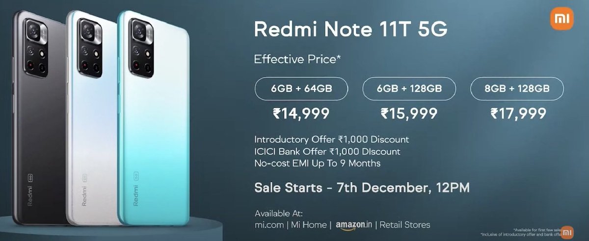 TamilTechOffici's tweet photo. Redmi Note 11T 5G Launched In India 

- Dimensity 810 SoC, 
- 90Hz LCD, 
- 50MP Camera, 
- 5000mAh Battery 
- ₹16,999 For 6GB+64GB ( Limited Offer ₹14,999 With Discounts)

Unga Karuthu ? 

#RedmiNote11T5G #Redmi https://t.co/Th5a0Zb2qO