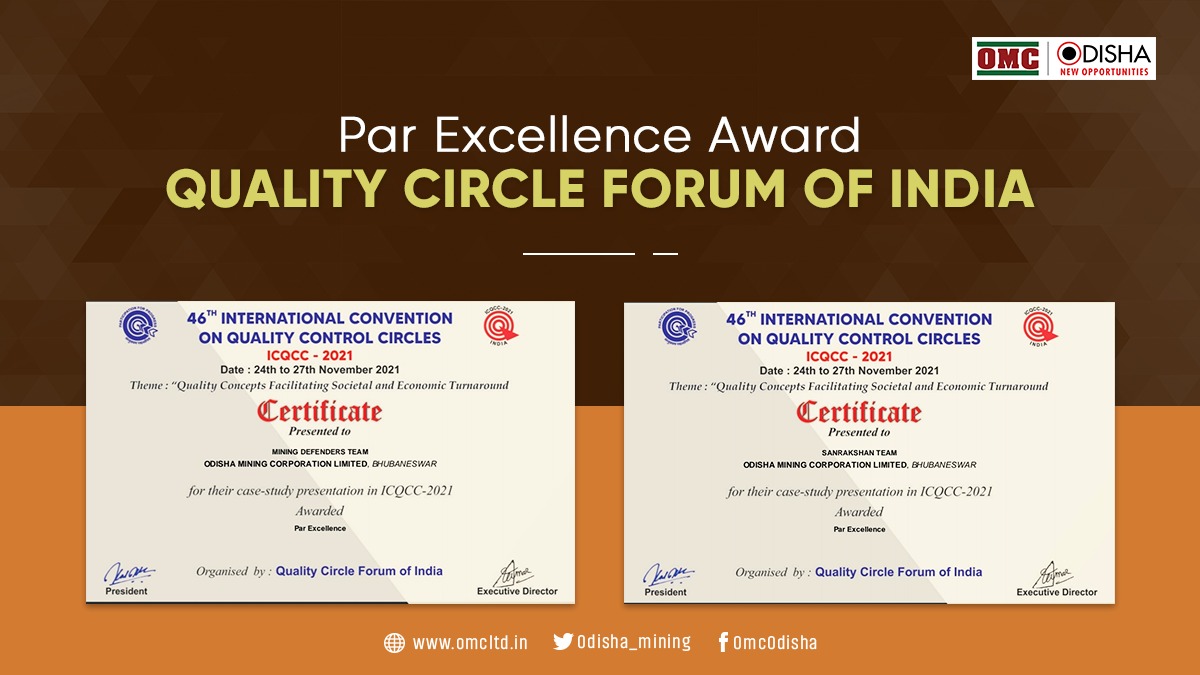 odisha_mining's tweet image. #QualityCircle teams of OMC Kodingamali &amp;amp; Daitari won "Par Excellence Award" for virtual case-study presentation on theme “Quality Concepts Facilitating Societal and Economic Turnaround” at the 46th International Convention on Quality Control Circles – 2021 organised by @qcfihq.