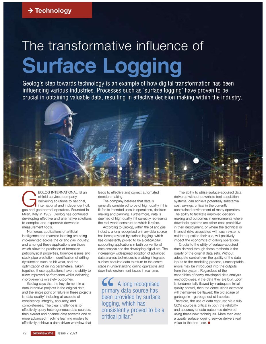 _geolog's tweet photo. #Geolog featured in Oil Review Middle East magazine #ORME
Article in the last issue of ORME magazine shows the importance of “Surface Logging” as a primary data source.
#oilindustry #oilandgas #dataanalysis #surfacelogging #logging https://t.co/XwmcLXdxH5