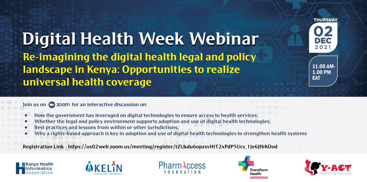 KELINKenya's tweet photo. Join us for an interactive conversation on re-imagining the digital health legal and policy landscape in Kenya: opportunities to realize universal health coverage. When? 2nd December 2021 from 11.00 am - 1.00 pm (EAT). #DigitalHealthWeek Register here:
https://t.co/1fM2pJBonc https://t.co/7rGVQEoNVN