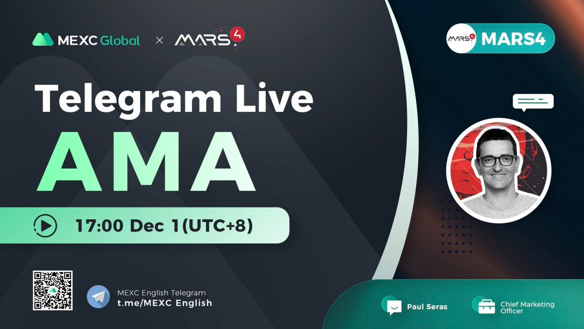 🌟@MEXC_Global AMA with <a href="/mars4_me/">MARS4_me</a> #MARS4

📍TG group: t.me/MEXCEnglish
⏰17:00 Dec 1 (UTC+8)

✅Follow <a href="/mars4_me/">MARS4_me</a> &amp; @MEXC_Fans &amp; @MEXC_Updates
✅RT &amp; Like &amp; Tag 3
✅Comment 

🌈10 ppl* 10 $USDT equivalent token

💚Follow us for more  #Giveaway