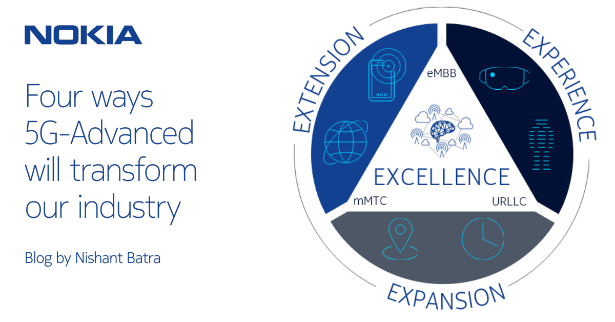 nokia's tweet photo. At our Global Analyst Forum, our Nishant Batra laid out our Tech Vision for 2030. 

This vision starts with the 4 E's of #5GAdvanced: Experience, Extension, Expansion and Excellence.

See how they'll transform our industry: https://t.co/Sf76ypNk99

#5G #NokiaIAR https://t.co/R325hWEKZt