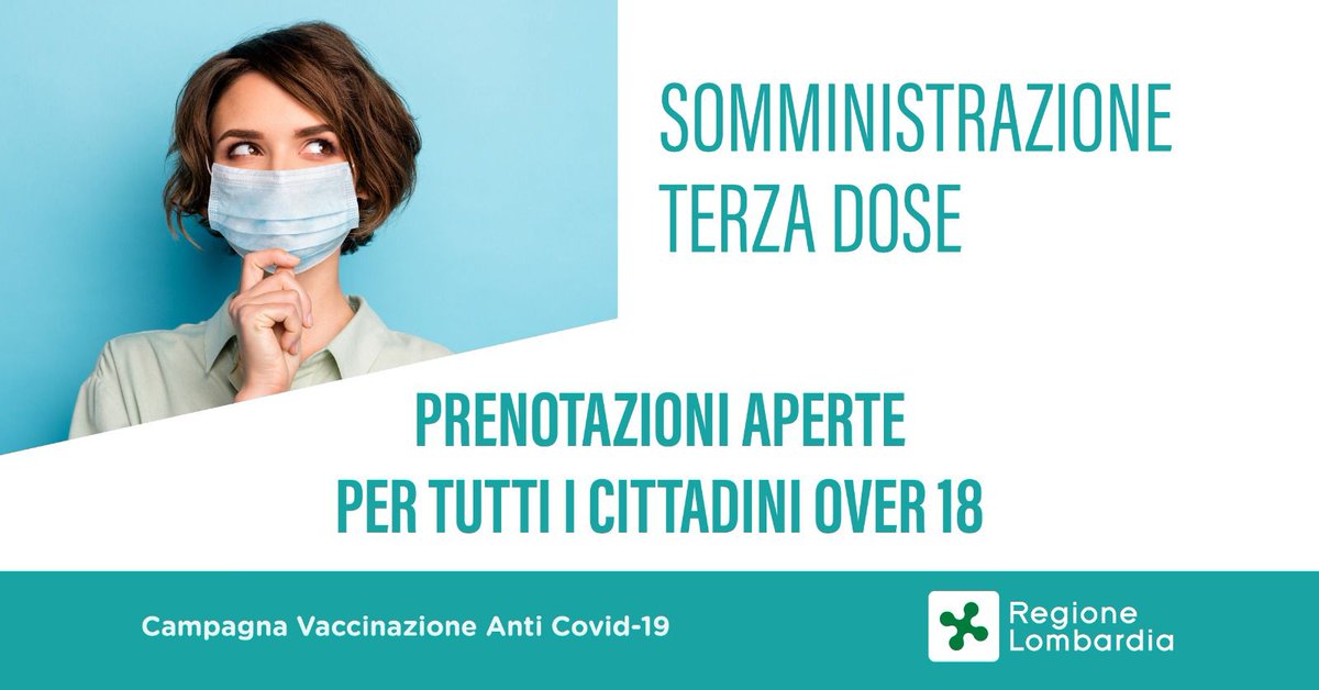 RegLombardia's tweet photo. #pianovaccinazioni
A partire da martedì 30 novembre tutti i cittadini che hanno compiuto almeno 18 anni potranno prenotare la dose booster del vaccino anti Covid-19.

Per info:
https://t.co/KrIlQPSPhg
Per prenotare online:
https://t.co/xOU2khtyuN https://t.co/g2ud8xiM5g