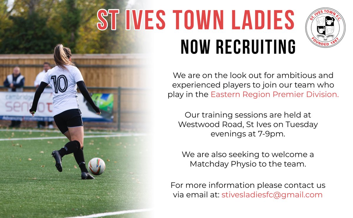 St Ives Town FC Ladies (@ivestownladies) on Twitter photo We are looking to welcome both players and a Matchday Physio to our St Ives Town Ladies team.
If you are interested in joining our friendly and ambitious squad, please get in touch!
You can contact us via email at: stivesladies@gmail.com
⚫️⚪️ #UpTheIves
📸 <a href="/TomAlfuth/">Tom Alfuth</a> We are looking to welcome both players and a Matchday Physio to our St Ives Town Ladies team.
If you are interested in joining our friendly and ambitious squad, please get in touch!
You can contact us via email at: stivesladies@gmail.com
⚫️⚪️ #UpTheIves
📸 <a href="/TomAlfuth/">Tom Alfuth</a>